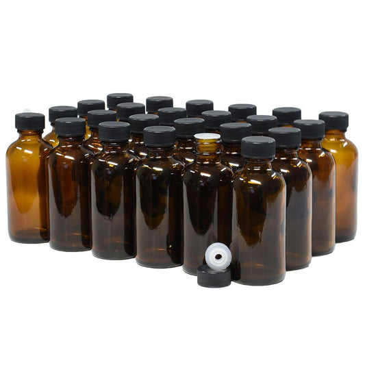 2 oz. Amber Boston Round with Reducer and Black Cap (20/400) (V5) (V1)