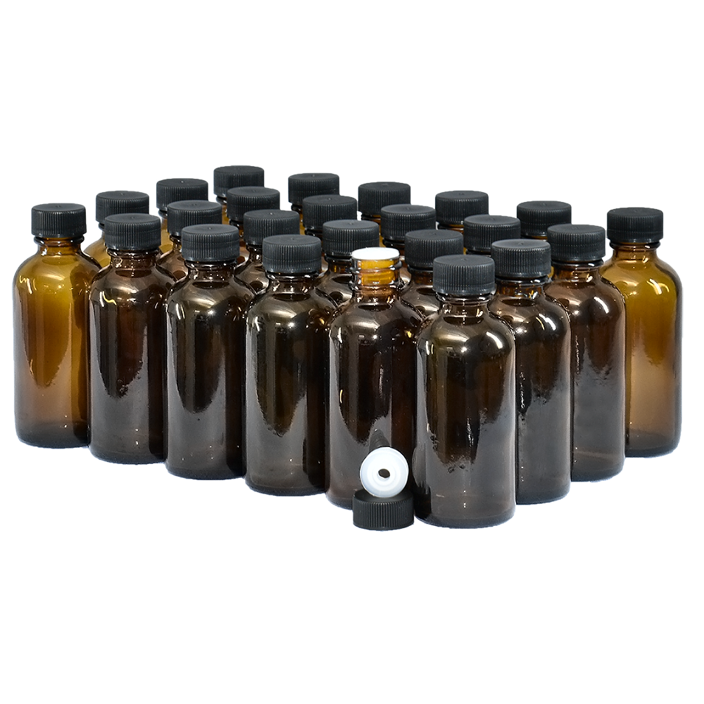 2 oz. Amber Boston Round with Reducer and Black Cap (20/400) (V5) (V6)