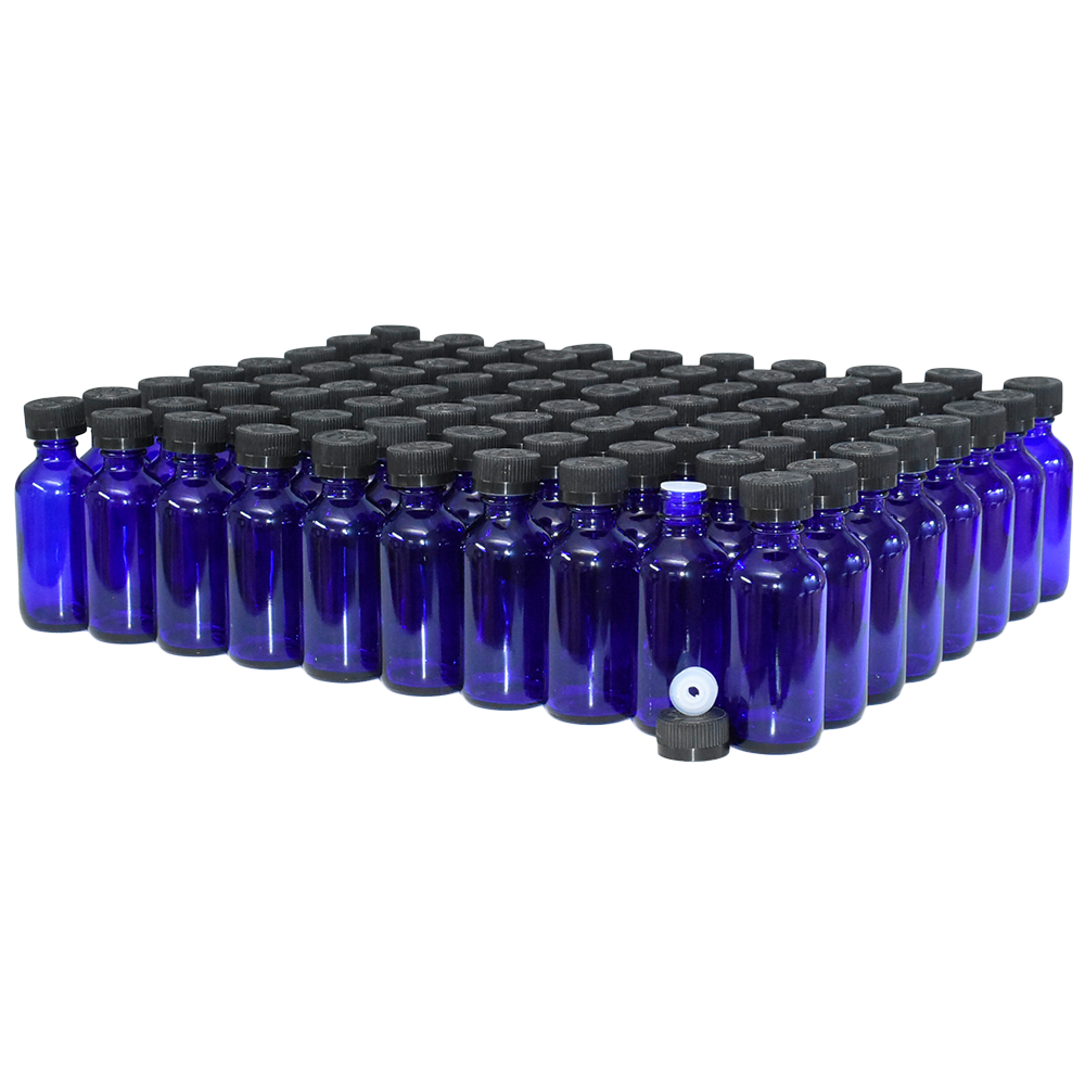 2 oz. Cobalt Blue Boston Round with Reducer and Black Child-Resistant Cap (20/400) (V23) (V6)