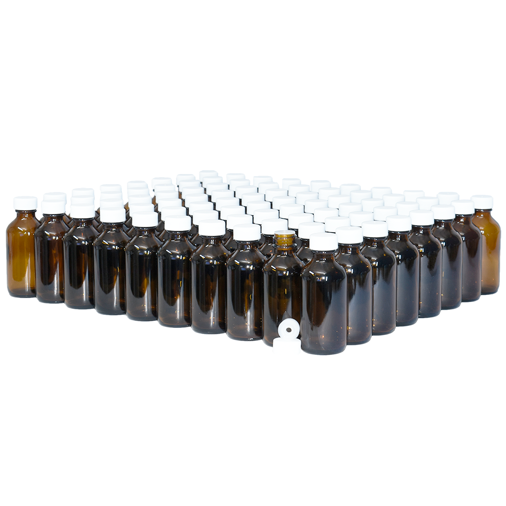 2 oz. Amber Boston Round with Reducer and White Cap (20/400) (V23) (V1)
