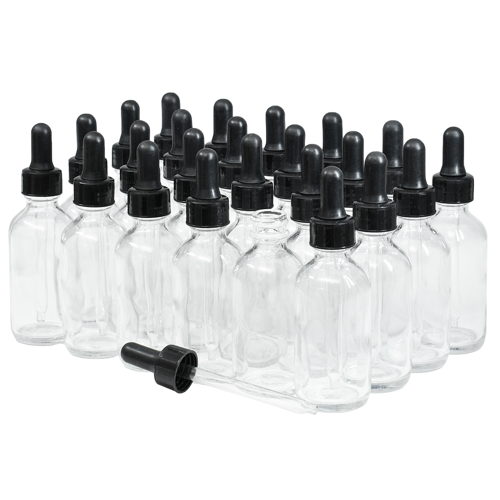 2 oz. Clear Boston Round with Large Bulb Black Glass Dropper (20/400) (V23) (V12)