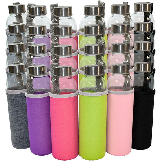 (24 Pack) 18 oz. Clear Glass Water Bottle with Sleeve and Stainless Steel Cap