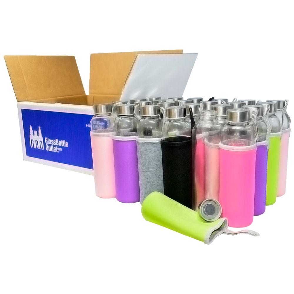 (24 Pack) 18 oz. Clear Glass Water Bottle with Sleeve and Stainless Steel Cap