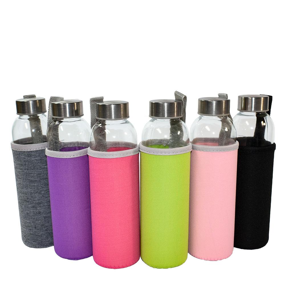 (24 Pack) 18 oz. Clear Glass Water Bottle with Sleeve and Stainless Steel Cap