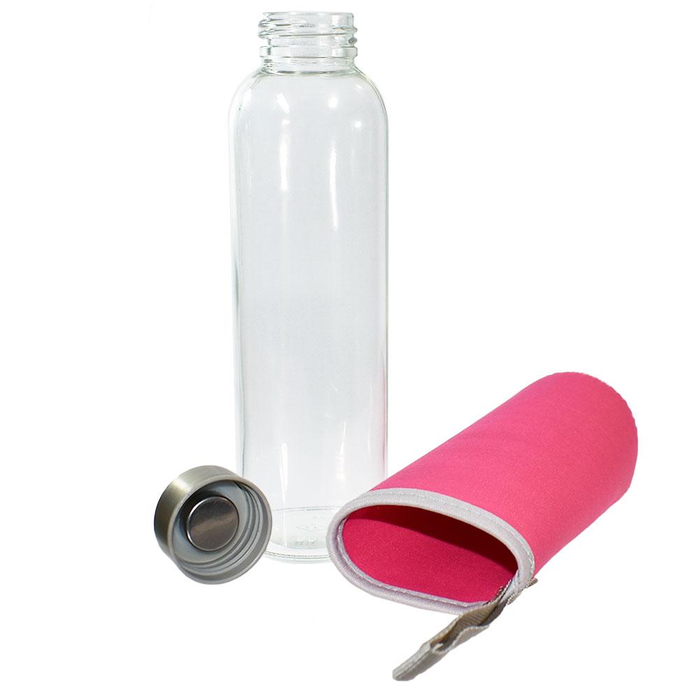 (24 Pack) 18 oz. Clear Glass Water Bottle with Sleeve and Stainless Steel Cap