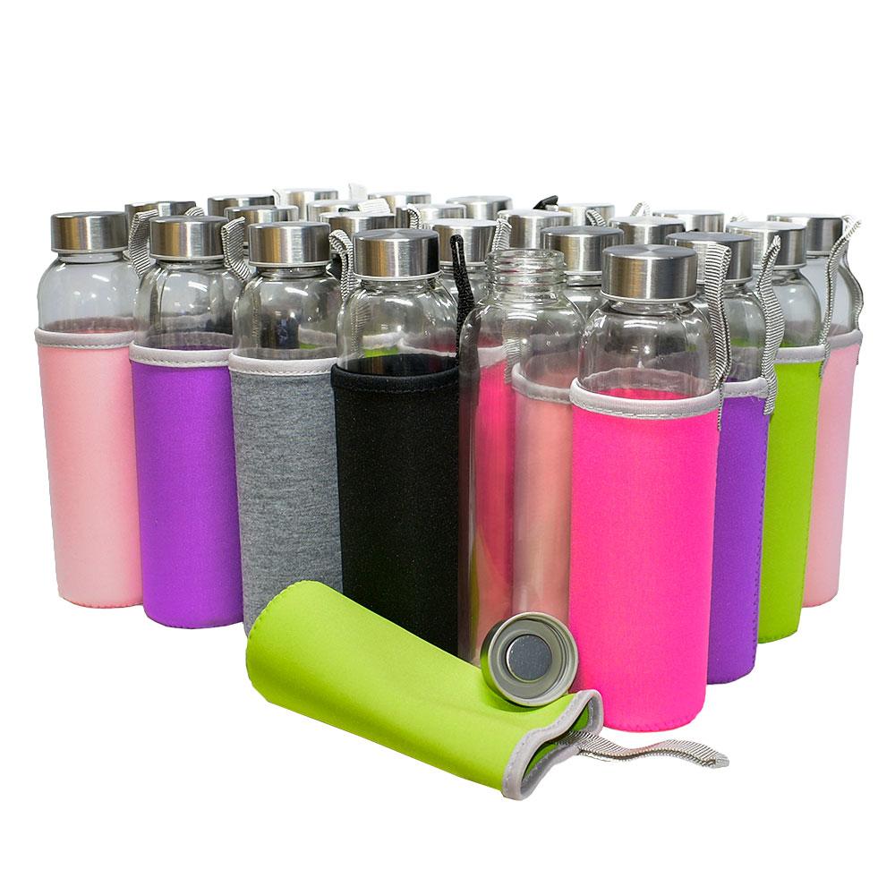 (24 Pack) 18 oz. Clear Glass Water Bottle with Sleeve and Stainless Steel Cap
