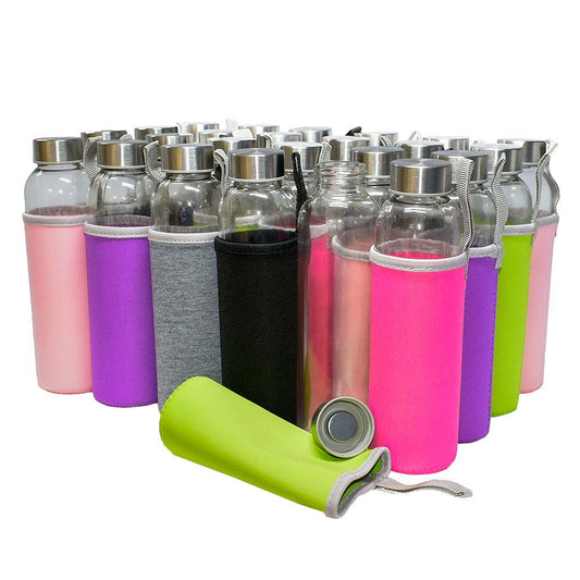(24 Pack) 18 oz. Clear Glass Water Bottle with Sleeve and Stainless Steel Cap