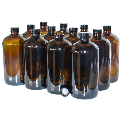 32 oz. Amber Boston Round with Black Poly Cone Cap (28/400) (V8) (V5)