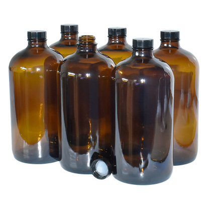 32 oz. Amber Boston Round with Black Poly Cone Cap (28/400) (V8) (V5)