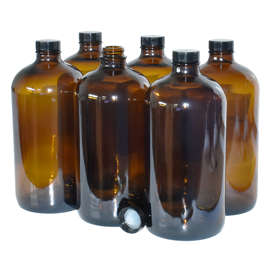32 oz. Amber Boston Round with Black Poly Cone Cap (28/400) (V8) (V5)