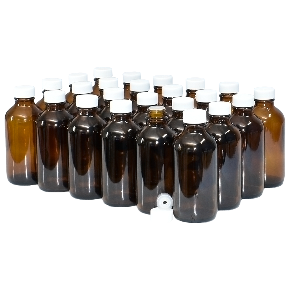 4 oz. Amber Boston Round with Reducer and White Cap (22/400) (V23) (V1)