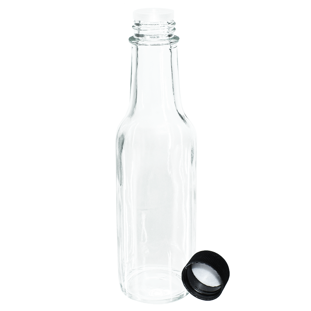5 oz. Clear Glass Hot Sauce Bottle with Black Foam-Lined Cap and Orifice Reducer (24/414) (V24) (V24)