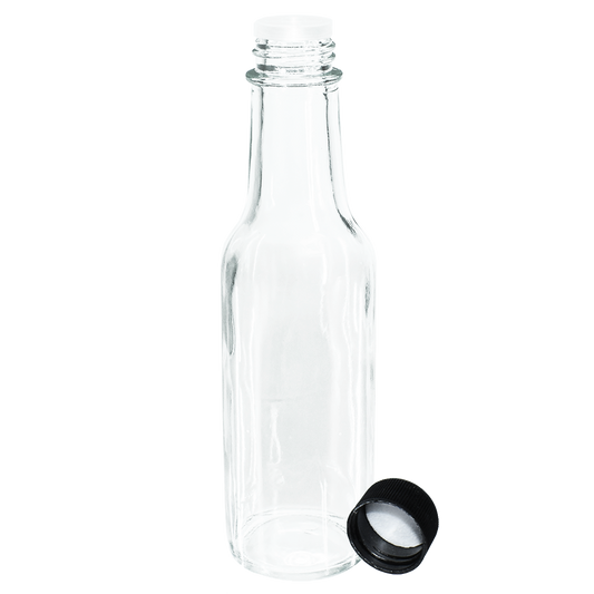 5 oz. Clear Glass Hot Sauce Bottle with Black Foam-Lined Cap and Orifice Reducer (24/414) (V24) (V24)