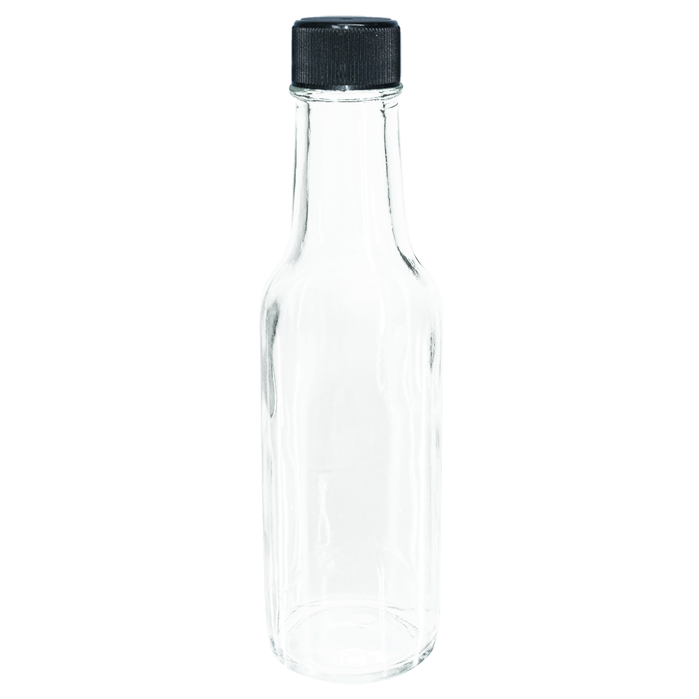 5 oz. Clear Glass Hot Sauce Bottle with Black Foam-Lined Cap and Orifice Reducer (24/414) (V24) (V24)
