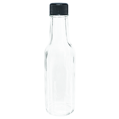 5 oz. Clear Glass Hot Sauce Bottle with Black Foam-Lined Cap and Orifice Reducer (24/414) (V24) (V24)