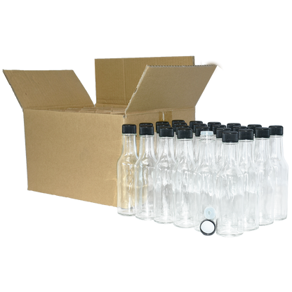 5 oz. Clear Glass Hot Sauce Bottle with Black Foam-Lined Cap and Orifice Reducer (24/414) (V24) (V24)