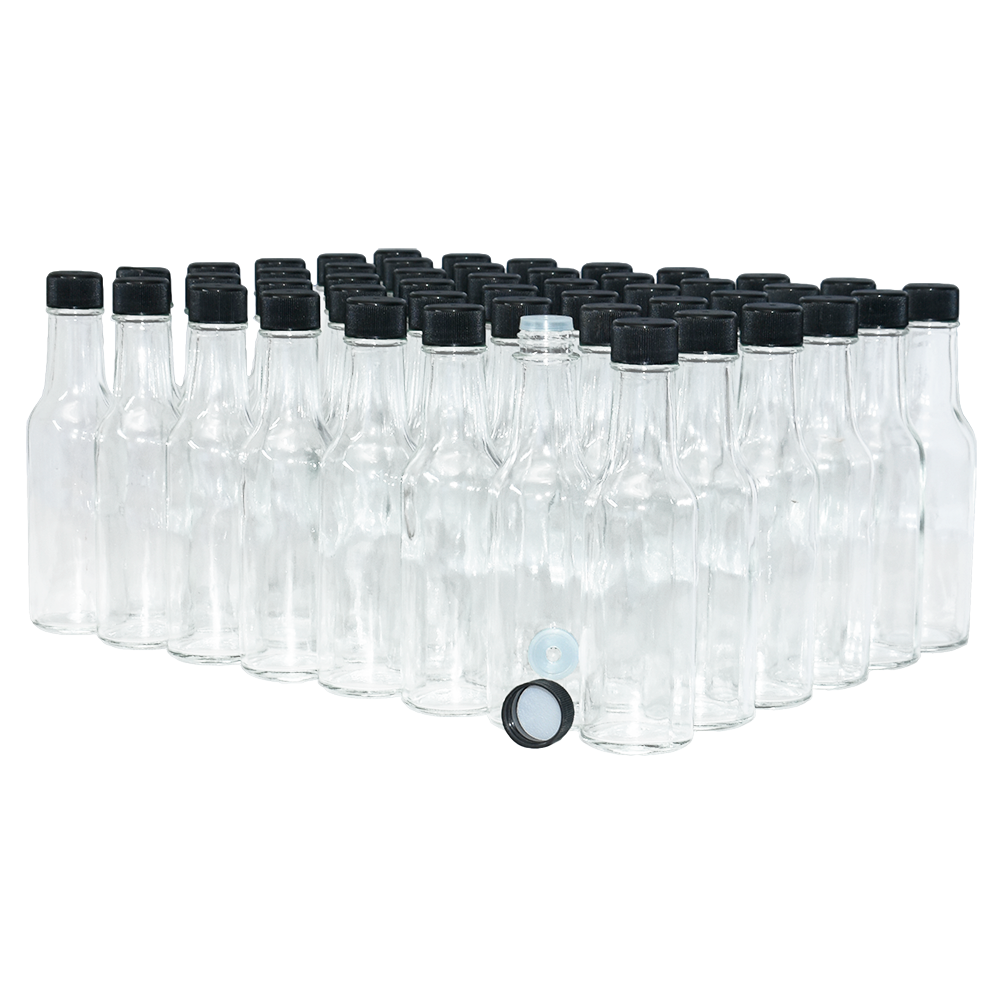 5 oz. Clear Glass Hot Sauce Bottle with Black Foam-Lined Cap and Orifice Reducer (24/414) (V24) (V24)
