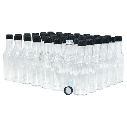 5 oz. Clear Glass Hot Sauce Bottle with Black Foam-Lined Cap and Orifice Reducer (24/414) (V24) (V24)