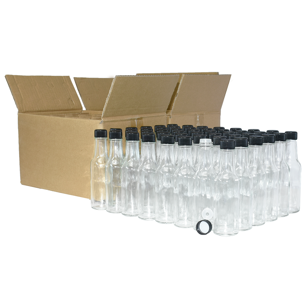 5 oz. Clear Glass Hot Sauce Bottle with Black Foam-Lined Cap and Orifice Reducer (24/414) (V24) (V24)