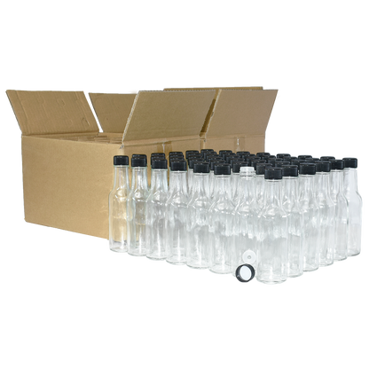 5 oz. Clear Glass Hot Sauce Bottle with Black Foam-Lined Cap and Orifice Reducer (24/414) (V24) (V24)