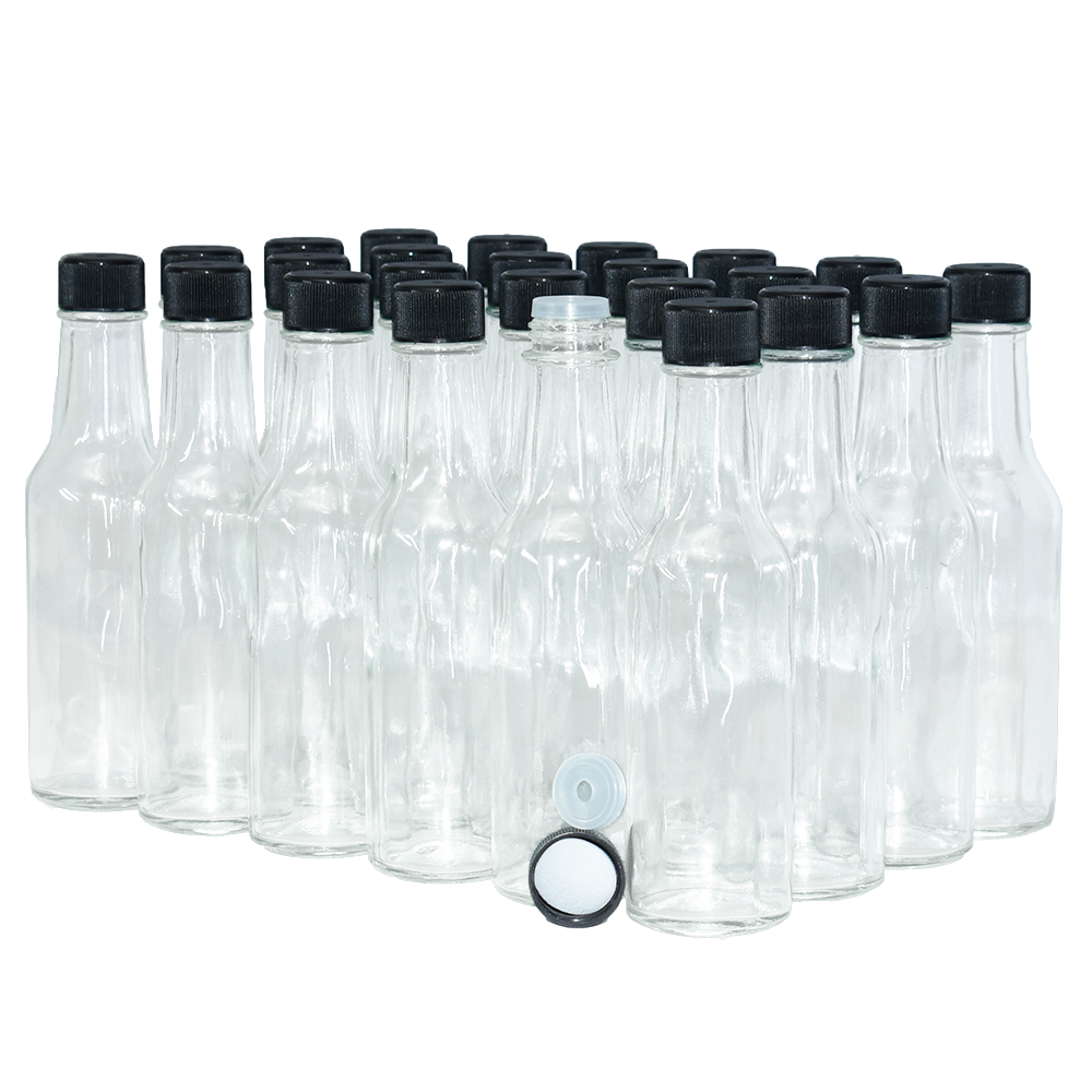 5 oz. Clear Glass Hot Sauce Bottle with Black Foam-Lined Cap and Orifice Reducer (24/414) (V24) (V24)
