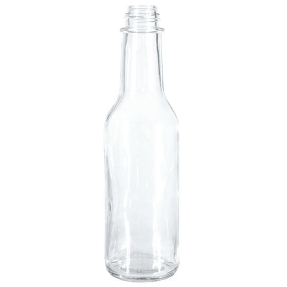 5 oz. Clear Glass Hot Sauce Bottle with Black Unlined Cap and Orifice Reducer (24/414) (V24) (V1)