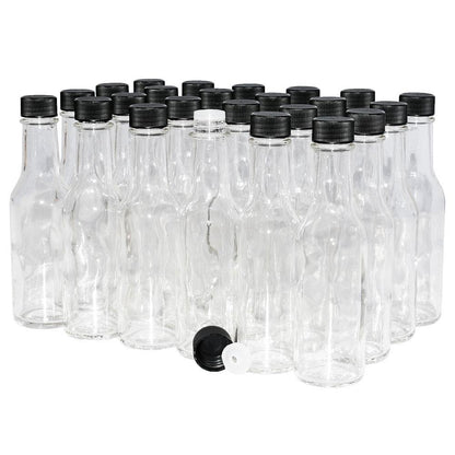 5 oz. Clear Glass Hot Sauce Bottle with Black Unlined Cap and Orifice Reducer (24/414) (V24) (V1)