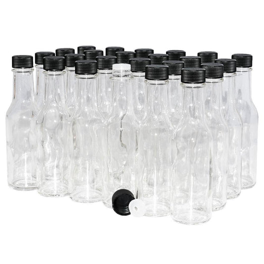 5 oz. Clear Glass Hot Sauce Bottle with Black Unlined Cap and Orifice Reducer (24/414) (V24) (V1)
