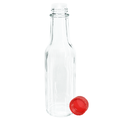 5 oz. Clear Glass Hot Sauce Bottle with Red Unlined Cap and Orifice Reducer (24/414) (V1)-24 (V1)