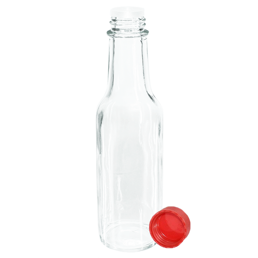 5 oz. Clear Glass Hot Sauce Bottle with Red Unlined Cap and Orifice Reducer (24/414) (V1)-24 (V1)