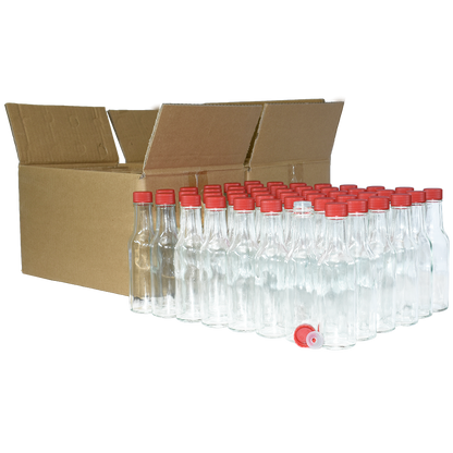 5 oz. Clear Glass Hot Sauce Bottle with Red Unlined Cap and Orifice Reducer (24/414) (V1)-24 (V1)