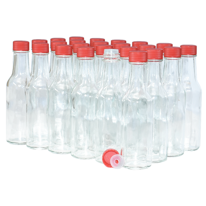 5 oz. Clear Glass Hot Sauce Bottle with Red Unlined Cap and Orifice Reducer (24/414) (V1)-24 (V1)