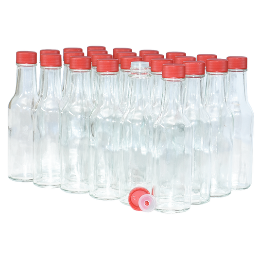 5 oz. Clear Glass Hot Sauce Bottle with Red Unlined Cap and Orifice Reducer (24/414) (V1)-24 (V1)