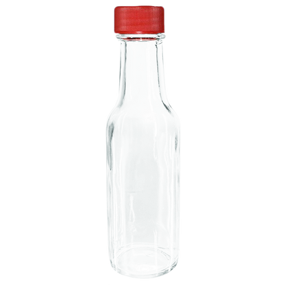 5 oz. Clear Glass Hot Sauce Bottle with Red Unlined Cap and Orifice Reducer (24/414) (V24) (V1)