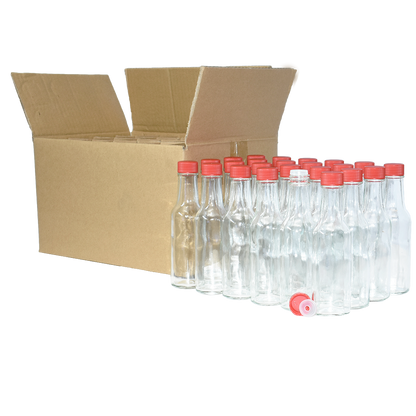 5 oz. Clear Glass Hot Sauce Bottle with Red Unlined Cap and Orifice Reducer (24/414) (V24) (V1)