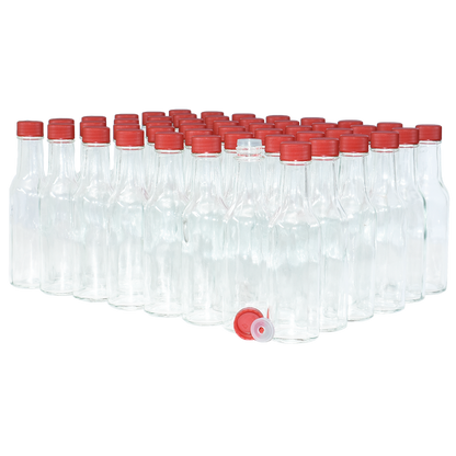 5 oz. Clear Glass Hot Sauce Bottle with Red Unlined Cap and Orifice Reducer (24/414) (V24) (V1)