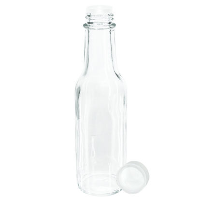 5 oz. Clear Glass Hot Sauce Bottle with White Unlined Cap and Orifice Reducer (24/414) (V24) (V1)