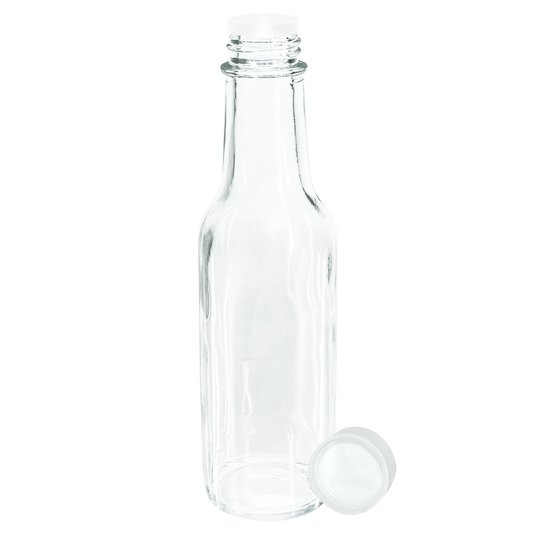 5 oz. Clear Glass Hot Sauce Bottle with White Unlined Cap and Orifice Reducer (24/414) (V24) (V1)