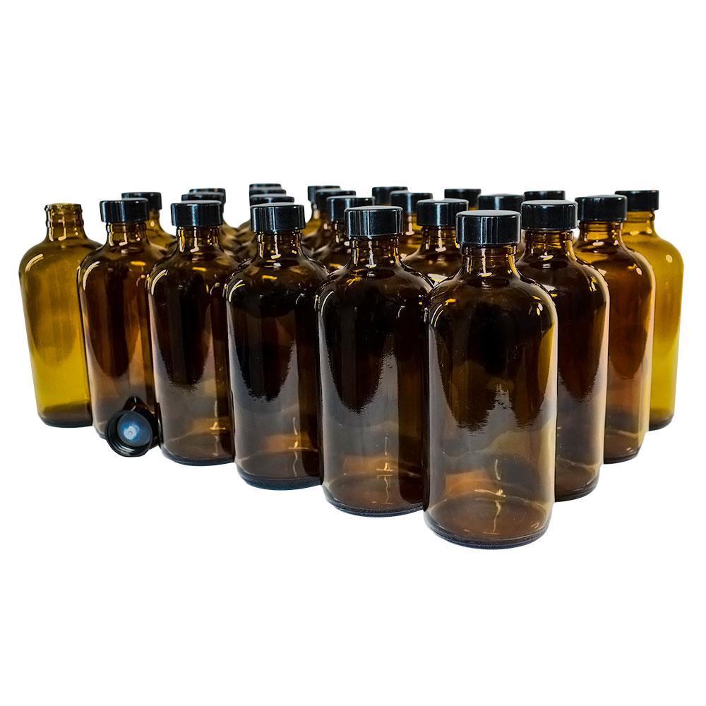 8 oz. Amber Boston Round with Black Poly Cone Cap (24/400) (V4) (V10)
