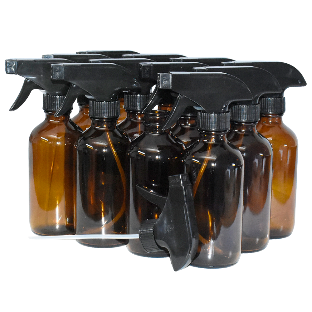 8 oz. Amber Boston Round with Black Trigger Sprayer (28/400) (V23) (V6)