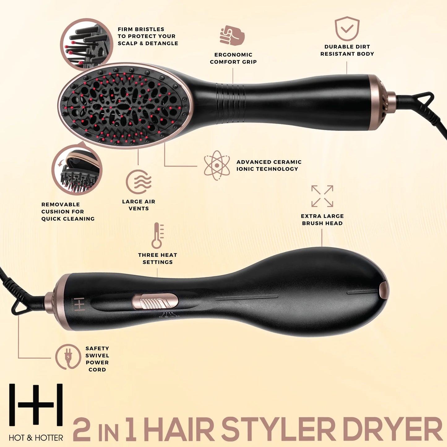 Annie Hot & Hotter 2-in-1 Ceramic Hair Styler & Dryer, 1 Count Heat Brush, Black & Gold. #5906
