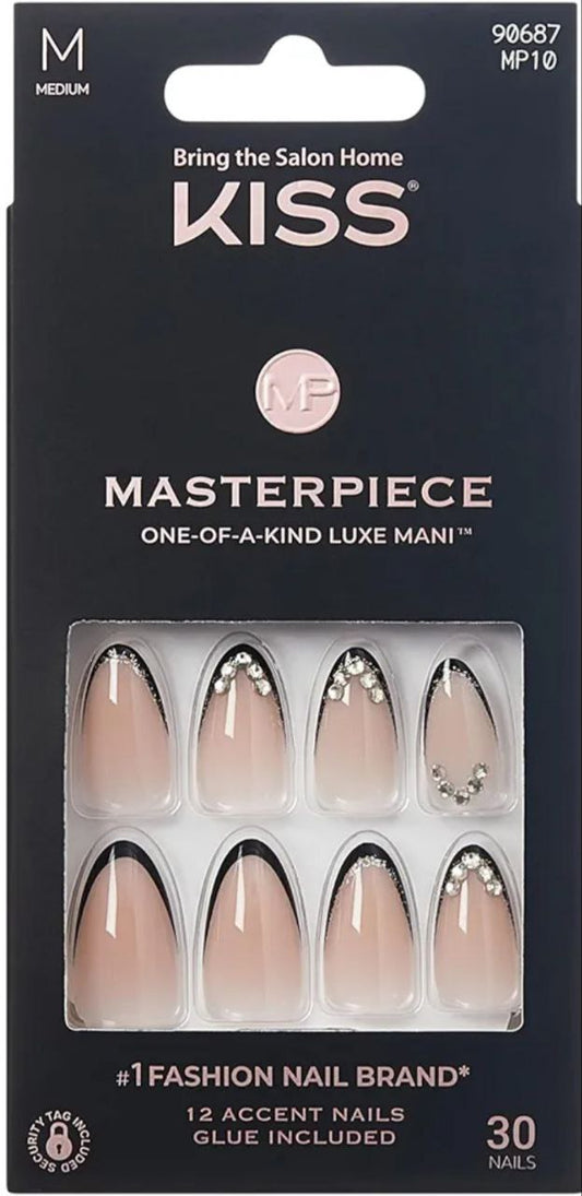 KISS Masterpice Press on Nails, Perfection, Black, Medium Almond, 30 Count MP10