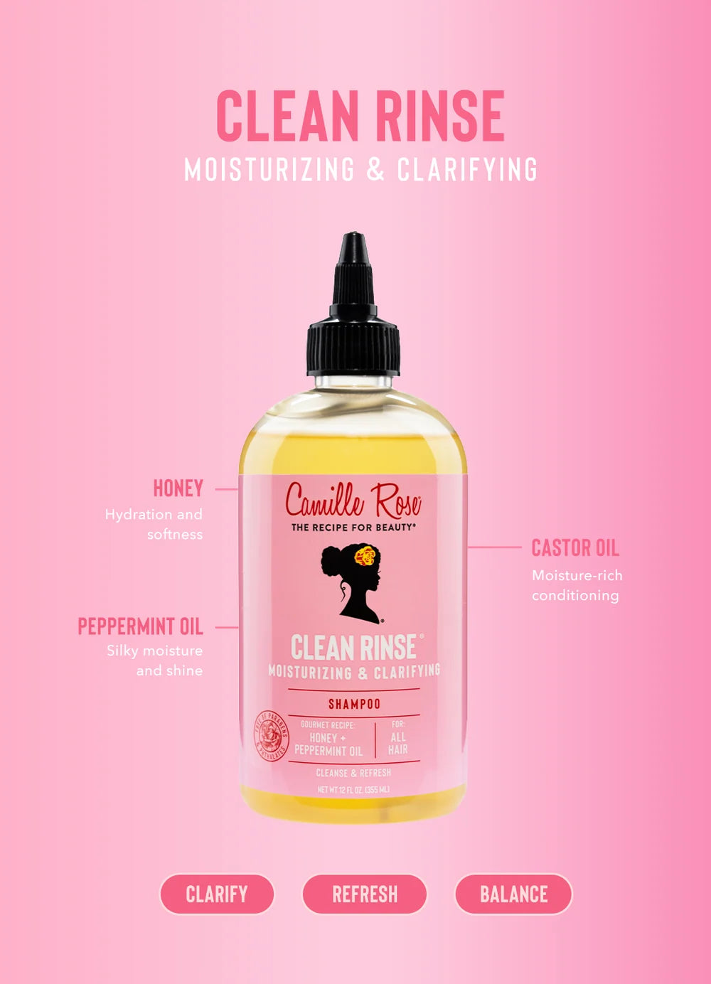 Camille Rose clean rinse moisturizing & clarifying shampoo. 12oz