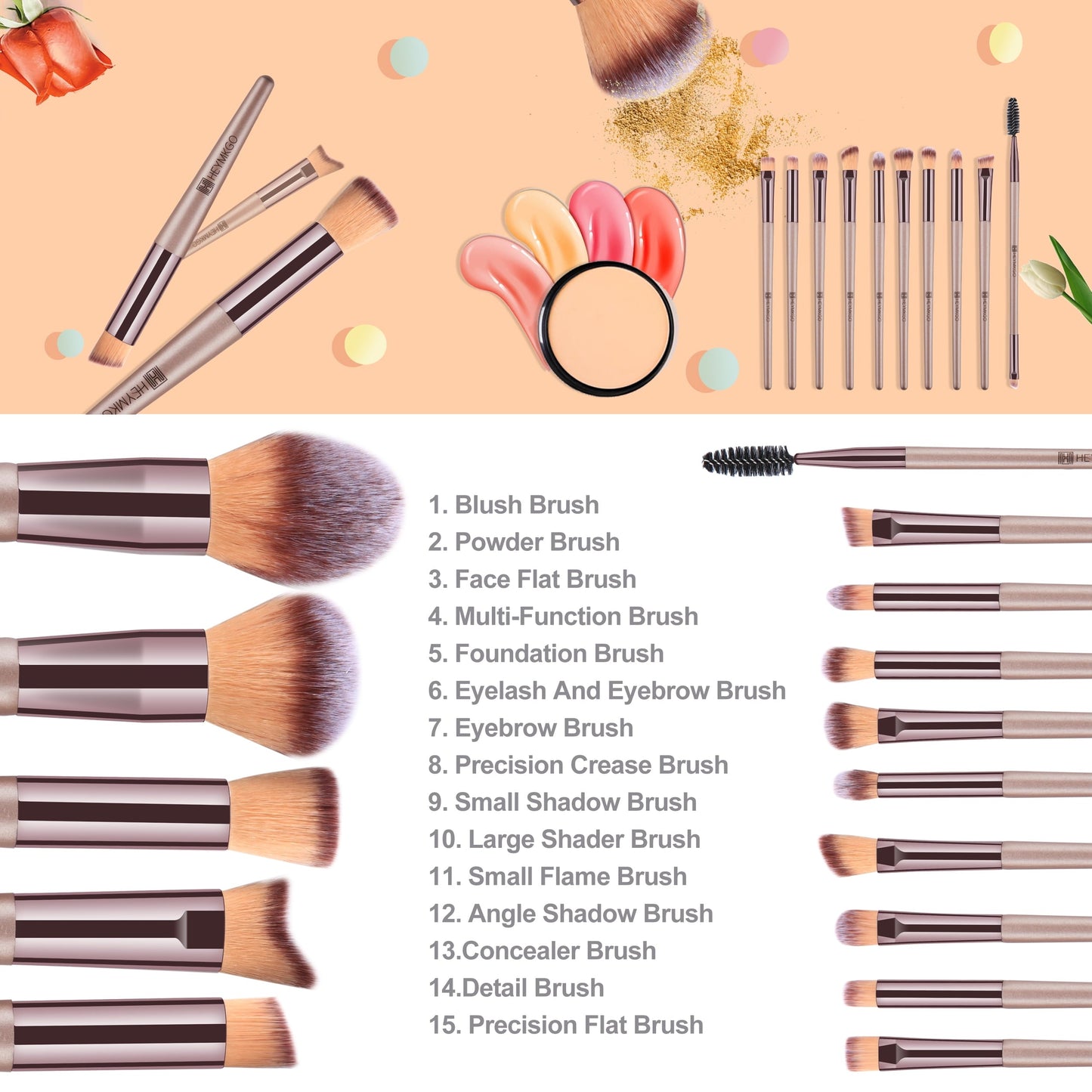 15PCS Champagne Gold Professional Makeup Brush Set